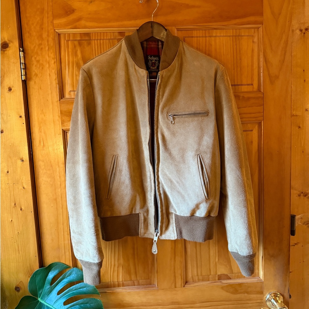 Schott NYC Men’s Suede Leather Bomber Jacket Sz Large in Tan Beige - Picture 3 of 14